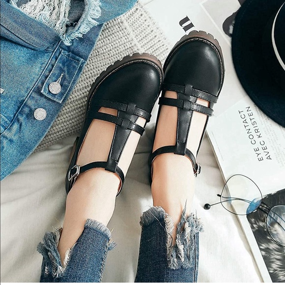 NEW XBAO Black T-Strap Ankle Mary Jane Platform Oxford Block Heel Chunky Heels - Picture 3 of 6